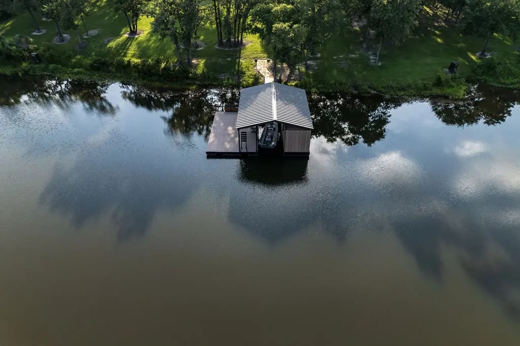 Floating dock on a private pond with open deck space